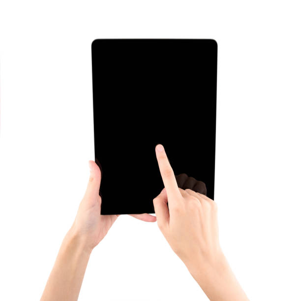istock Hands holding black tablet, isolated on white background. Digital tablet in hands. Hands holding tablet touch computer gadget with isolated screen. 1505211223