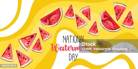 istock National Watermelon day card or background. vector illustration. Funny American holiday celebrate on August 3. Vector illustration for poster, sticker, banner, card 1505223073