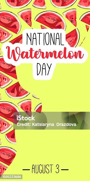 istock National Watermelon day card or background. vector illustration. Funny American holiday celebrate on August 3. Vector illustration for poster, sticker, banner, card 1505223686