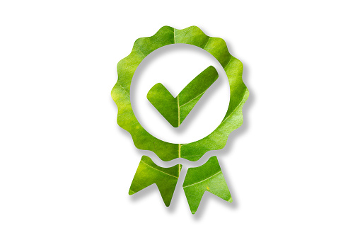 Approved badge badge logo icon of green leaves on white background, for green eco energy concept, environment concept.