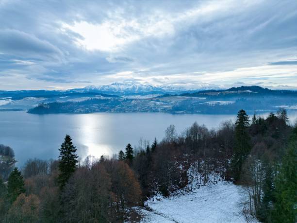 istock a view over a lake in the evening with snow on the ground 1505232679