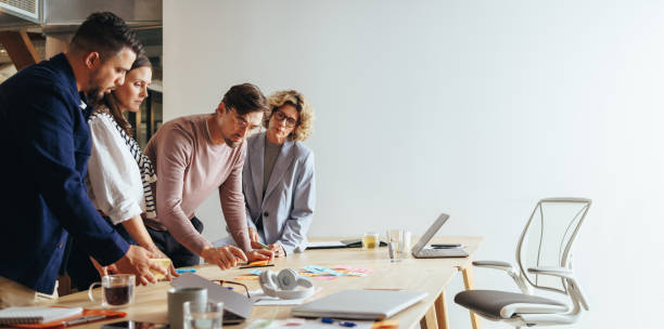 istock Creative team brainstorming in an advertising agency. Business people plan a project by putting together different ideas during a meeting 1505240440