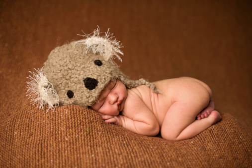 A newborn sleeping in a cute koala hat.