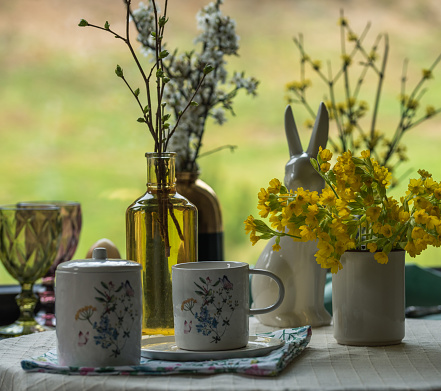 Spring still life with yellow primroses, an apple branch and a cup.