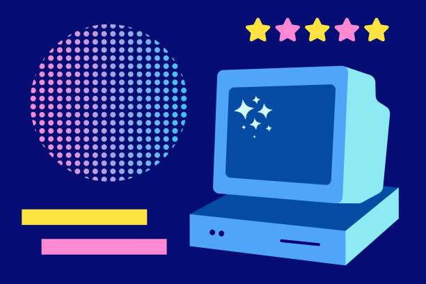 istock Retro computer monitor. Vector illustration. 90s and y2k PC style. Abstract geometric shapes and stars. 1505245506