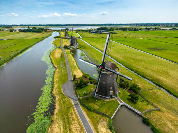 istock Three windmills on a row, drone point of view. 1505248258
