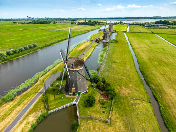 istock Three windmills on a row, drone point of view. 1505248783