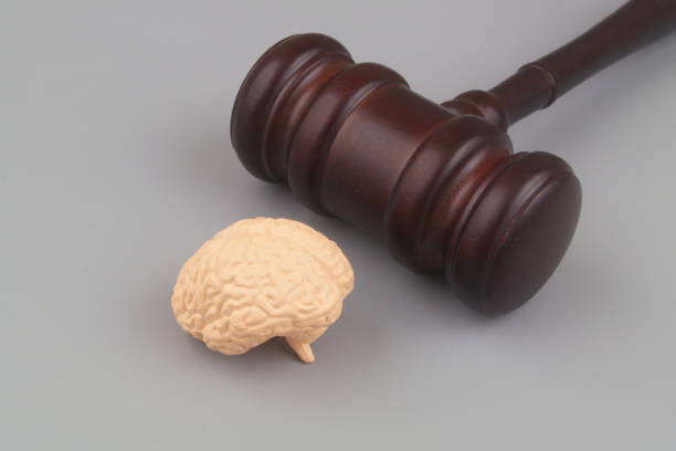 istock Wooden judge gavel with human brain on gray background 1505261596