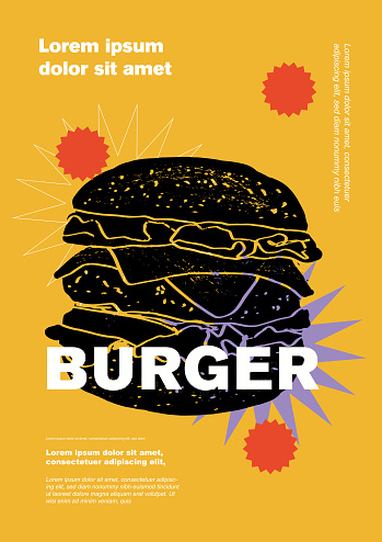 Burger. Price tag or poster design. Set of vector illustrations. Typography. Engraving style. Labels, cover, t-shirt print, painting.