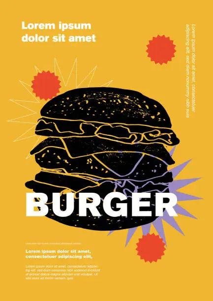 Vector illustration of Burger. Price tag or poster design. Set of vector illustrations. Typography. Engraving style. Labels, cover, t-shirt print, painting.