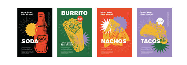 mexikanischer burrito, soda, nachos, tacos. preisschild oder plakatdesign. satz von vektorillustrationen. typographie. gravur-stil. etiketten, cover, t-shirt-druck, malerei. - tortilla chip stock-grafiken, -clipart, -cartoons und -symbole