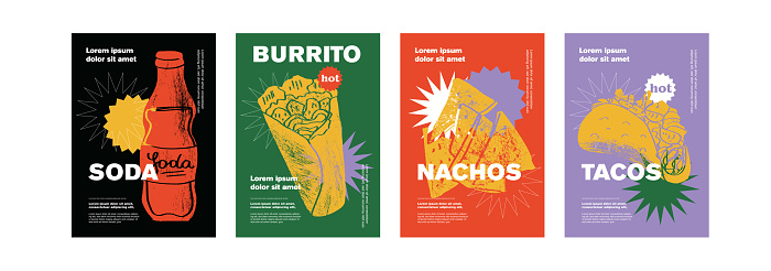 Mexican burrito, soda, nachos, tacos. Price tag or poster design. Set of vector illustrations. Typography. Engraving style. Labels, cover, t-shirt print, painting.
