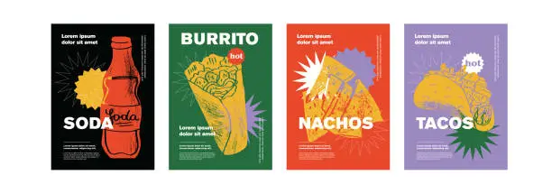 Vector illustration of Mexican burrito, soda, nachos, tacos. Price tag or poster design. Set of vector illustrations. Typography. Engraving style. Labels, cover, t-shirt print, painting.