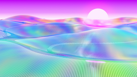 Metaverse background, multicolored cube pattern landscape with sunrise, 3d render.