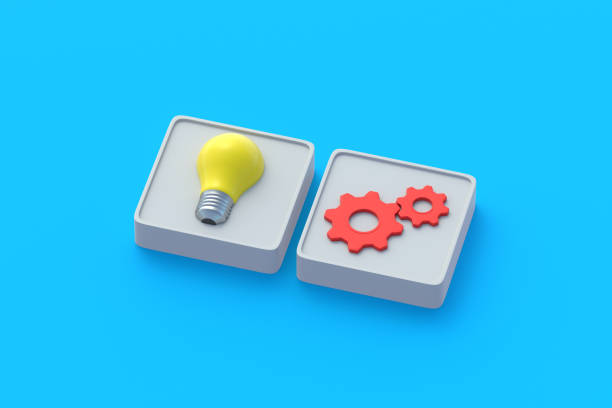 istock Technological breakthrough. Gear and electric bulb on buttons. Startup concept. Innovation idea. New production lines. Enterprises management. Business solution. Modern technology. 3d render 1505314847