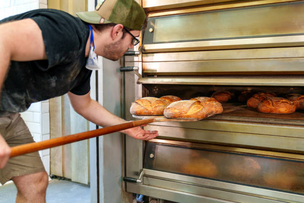 istock Young Artisan Baker Extracting Fresh Sourdough Loaves from Oven with Pastry Peel 1505317699