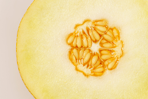 Close-up of the seeds of a fresh and juicy galia melon.