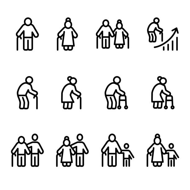 Senior people icon set, Aging society, Vector outline icon. Vector illustration aging population stock illustrations