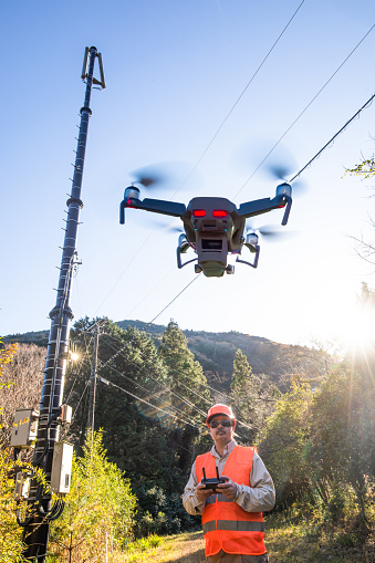 A man in high visibility wear operating a drone to inspect power lines out in the field.