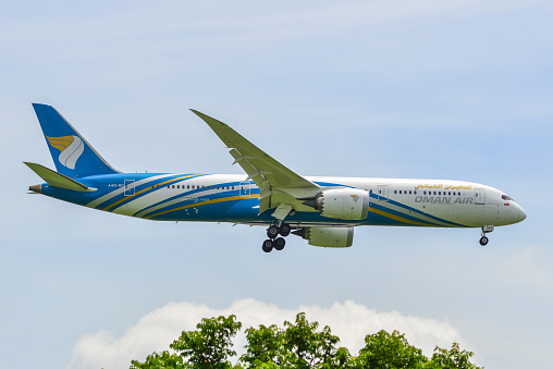 Bangkok, Thailand - Sep 17, 2018. A4O-SC Oman Air Boeing 787-9 Dreamliner landing at Bangkok Suvarnabhumi International Airport (BKK).