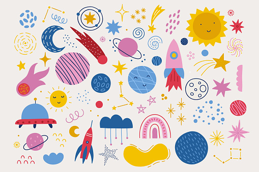 Space vector set - comet, planet, moon, sun, rocket, ufo, star, cloud, rainbow on white background. Perfect for greeting cards, decorations. Vector illustration