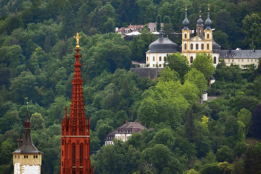 Towers of Mareinkapelle, Grafeneckart and the pilgrimage church Käppele in Wuerzburg, Bavaria.