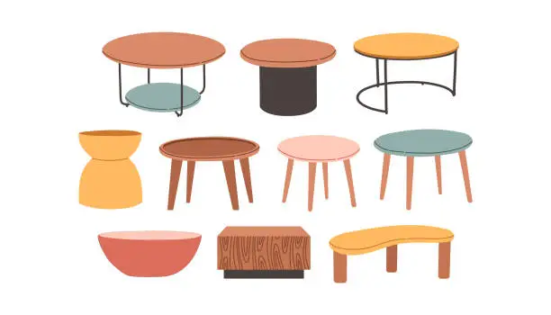 Vector illustration of Set of tables in scandinavian style. Wooden flat coffee table. Vector flat design illustration.