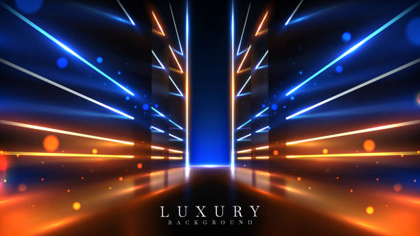 istock A dark corridor illuminated by blue neon lights and adorned with gold ray effects and bokeh decorations against a black background. Experience a modern luxury galaxy scene design. 1505380684