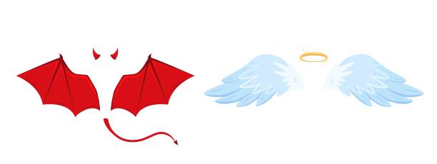 천사와 악마의 날개. 고립 된 악마 지옥과 거룩한 천사 의상 요소. 악이든 선이든, 붉은 뿔과 빛나는 후광. 아늑한 벡터 그래픽 - animal limb stock illustrations