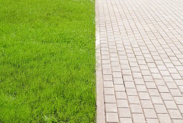 Brick walkway in the park and green grass