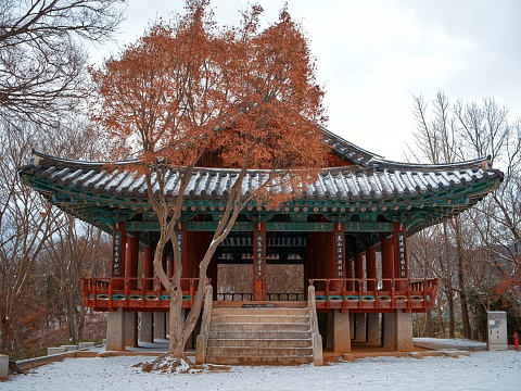 The majestic Omokdae Pavilion in Jeonju, South Korea on a snowy winter day