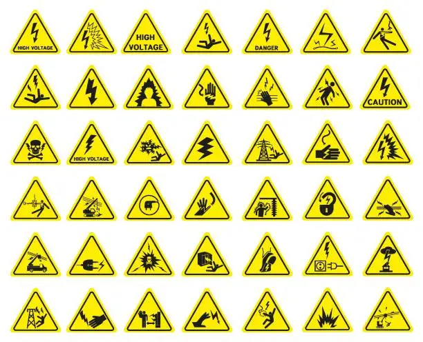 Vector illustration of High voltage sign. Triangular yellow electrical hazard signs. Vector illustration.