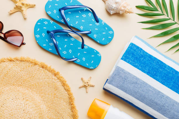 istock Summer vacation concept flat lay. beach accessories and towel top view. Space for text. travel concept 1505407169
