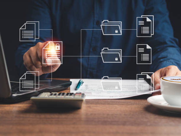 istock Midsection of hand businessman touch sheets of a document on a virtual screen while sitting in the office 1505412259