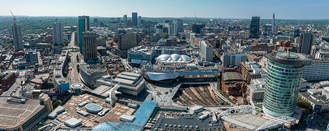 Wide angle aerial panoramic cityscape over the city of Birmingham, England, UK