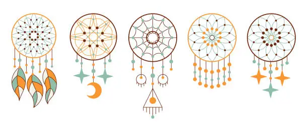 Vector illustration of Set of abstract stylized decorative boho dreamcatcher. Decor for interior decoration, poster, clothing. Flat isolated illustration on white background