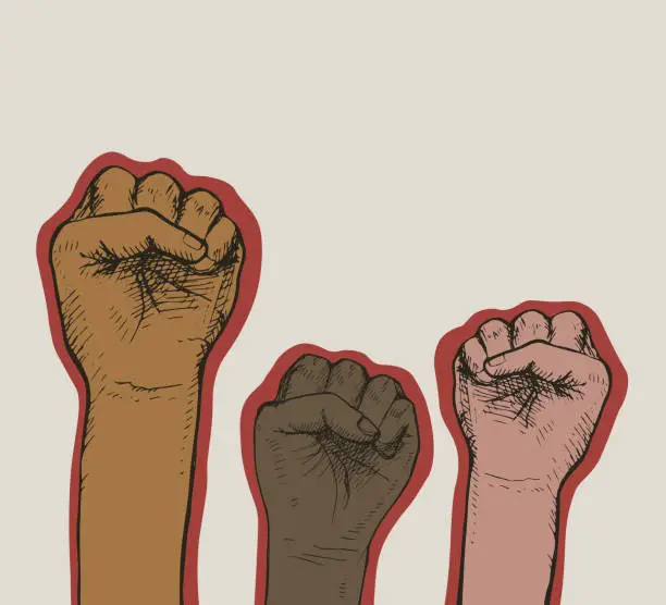 Vector illustration of Fists of group of people of different races with raised hands as a symbol of unity, protest, strength or victory, success. The concept of unity, revolution, struggle, cooperation. Vector illustration