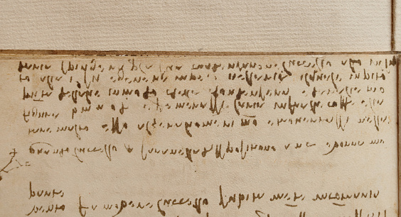 Manuscript, drawings, inscriptions by Leonardo Da Vinci in the old book The Codice Sul Volo, by E. Rouveyre , 1940