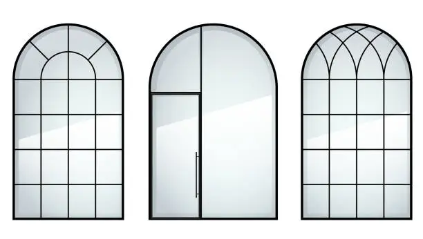 Vector illustration of Set of arched metal windows in loft style