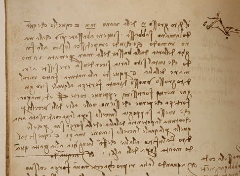 Manuscript, drawings, inscriptions by Leonardo Da Vinci in the old book The Codice Sul Volo, by E. Rouveyre , 1940