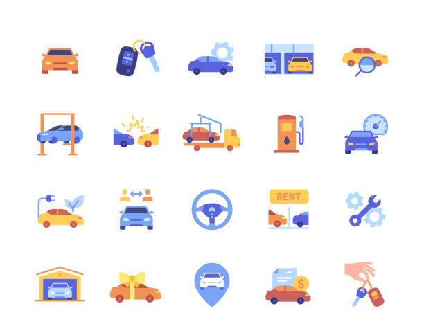 Auto colorful icons set Auto colorful icons set. Simple stickers with fix and technical overview, dealership and vehicle rental. Simple badges with car and trip. Cartoon flat vector collection isolated on white background car dealer icon stock illustrations