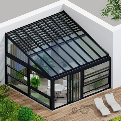3D illustration. The facade mockup of a modern sea villa patio with automatic black sliding guillotine lifting doors or greenhouse