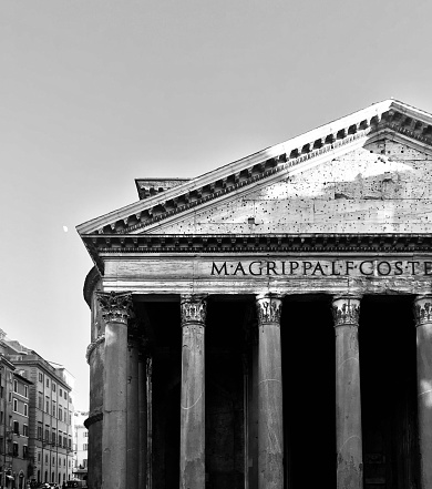 A black and white shot of the top left corner of the Pantheon