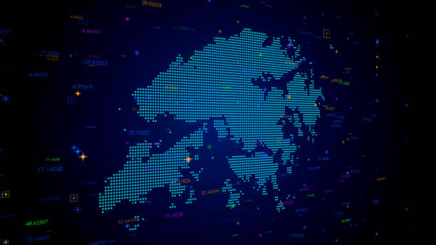 istock Futuristic Blue Colorful Shiny Digital Technology Hud Dots Mosaic Grid Hong Kong Map Perspective View With Numeric Tech Particles 1505495976