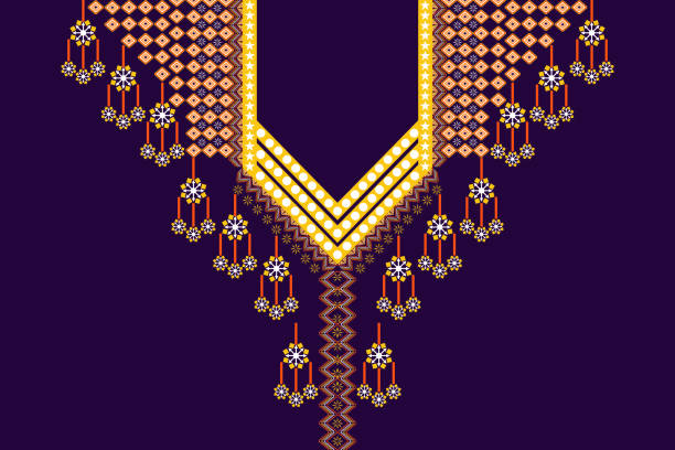 Textile neck designs, traditional oriental patterns, orange, yellow, white, purple ground necklace embroidery designs for women fashion clothing.