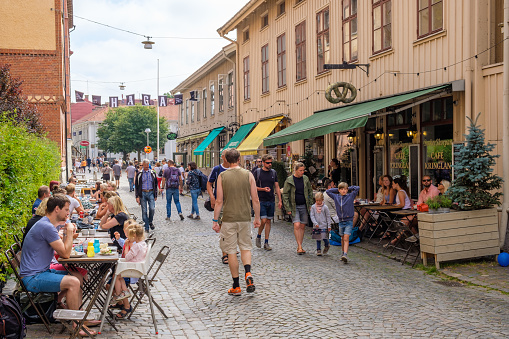 Gothenburg, sweden-July, 2020: Street cafe with people in Haga,  Gothenburg Sweden
