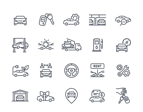 Auto outline icons set. Rent and sale, repair and technical review of car. Simple stickers with transport and trip in line art style. Linear flat vector collection isolated on white background