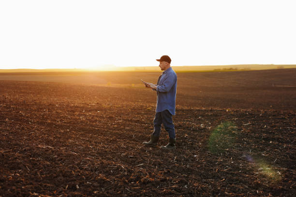 istock Smart farming technology and agriculture. Farmer uses digital tablet on field with plowed soil at sunset. Checking and control of soil quality, land readiness for sowing crops and planting vegetables 1505532126