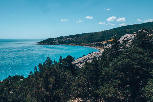 Beautiful green trees grow from the mountain on top of the cliff against the backdrop of the azure sea.