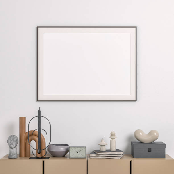 istock Simple interior with a beige cabinet, a large rectangle picture frame and copy space on the wall, with the 70s decoration 1505542143